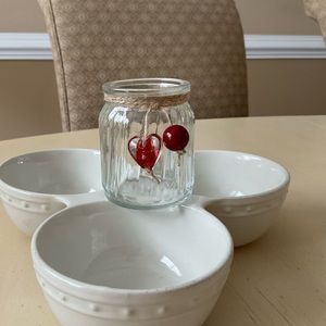 Large Ribbed Glass Toothpick Holder Platter Decoration - Red Heart & Bead ♥️